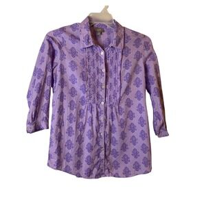 J Jill Womens XS 100% Linen 3/4 Sleeve Blouse Lavender Purple Button Down Shirt